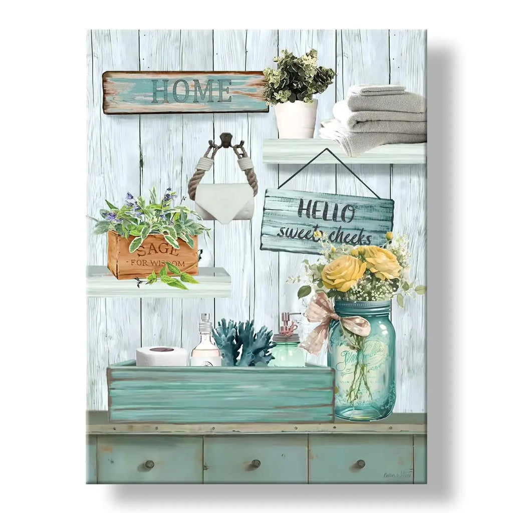 Blue Bathroom Decor Wall Art Turquoise Sea Theme Bathroom Wall Decor Farmhouse Rose Canvas Pictures Rustic Funny Wood Background Painting Home Decor Ready To Hang