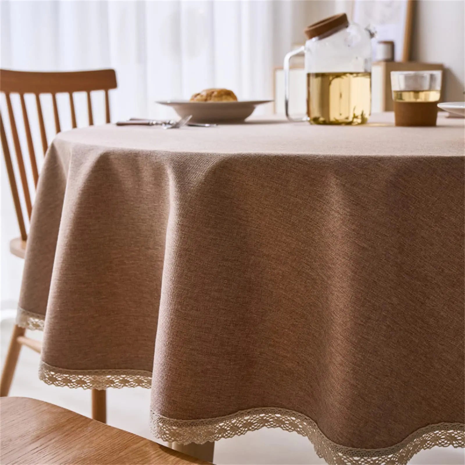 Elegant Lace-Edged Linen Tablecloth - Waterproof 48-Inch Light Brown